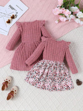 2pcs Baby/Toddler Girls Round Neck Long Sleeve Ribbed Fabric Cute Bow Ditsy Floral Dress Set